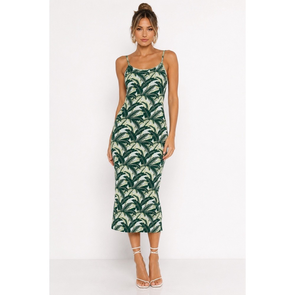 Manner's London Bodycon Halter Dress Tropical Leaf Print Size L Resort Summer
